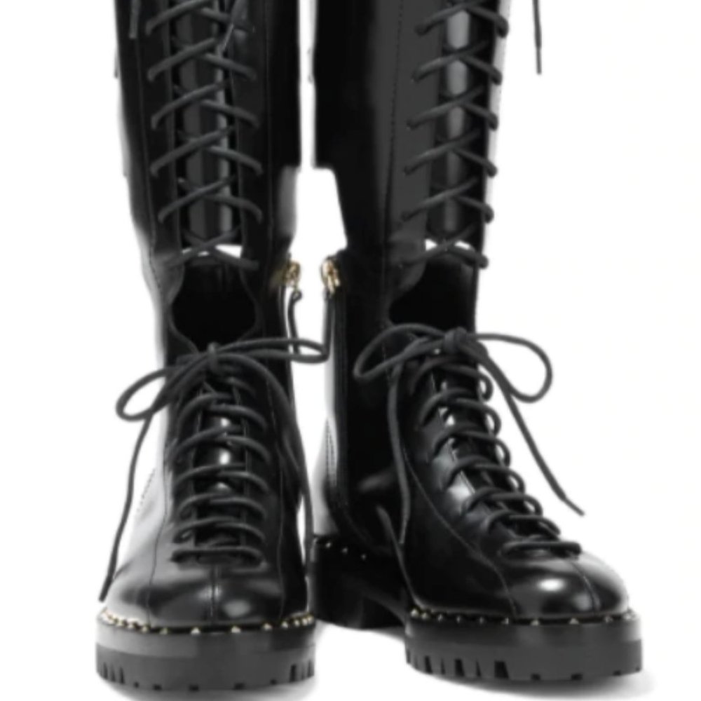 VALENTINO GARAVANISoul Rockstud cutout glossed-leather knee boots (never worn)